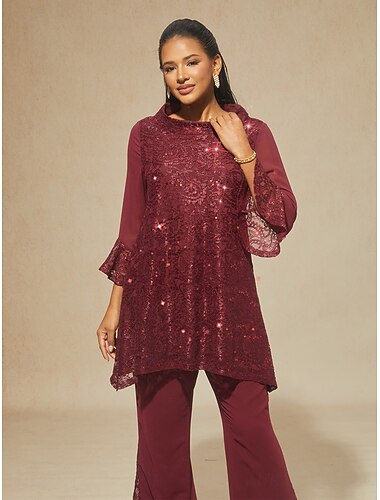  dame blondeskjorte tunika blonder spleising topp bluse elegant daglig damer 3/4 ermer flagrende ermer båthals bryllupsgjest ferie paljetter rysjer illusjon vinrød vår høst vinter