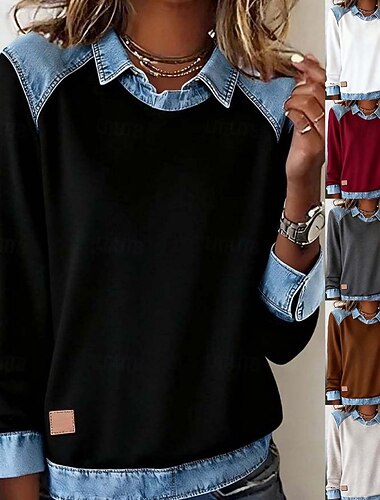  Femmes Chemisier Bloc de Couleur Élégant Occasionnel manche longue Col de chemise Hauts Réguliers Quotidien Patchwork Noir Blanche Jaune Rouge Orange Printemps Automne Hiver