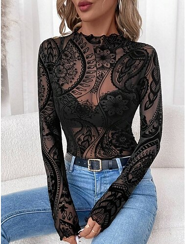  Dámské Halenka Slátanina Síťka Pevná barva stylové Na běžné nošení Dlouhý rukáv Rolák Běžné topy Denní Černá Jaro Podzim