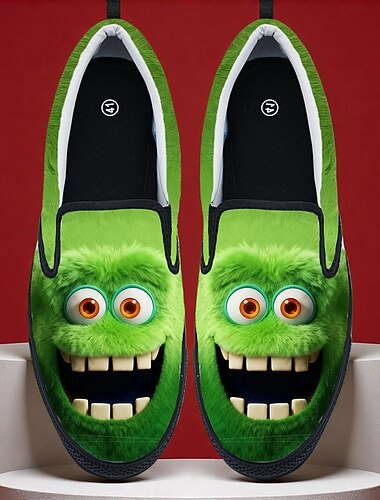  楽しい醜いクリスマスシューズ、メンズ3Dプリントの漫画キャラクターデザインのスリッポンスニーカー、遊び心のある笑顔、カジュアルなホリデーシューズ