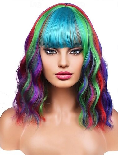  Peruca de Carnaval Vermelho Azul Roxo Encaracolado Curto Peruca sintética para festivais Mardi Gras Parada Cabelo para fantasia de cosplay para Feminino