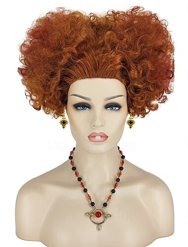  Peluca Ariker Winifred Sanderson Rizada Marrón Hocus Pocus 2 Peluca Winifred para Mujeres Hermanas Sanderson Accesorios Peluca de Bruja Sin Dientes Collar Pendientes Pelucas de Halloween