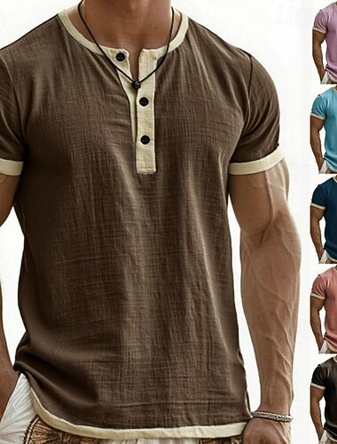  Herren T Shirt Henley Hemd T-Shirt Kurzarmshirt Kurzarm Henley Sommer Frühling Farbblock Mode Designer Basic Patchwork Urlaub Straße Ausgehen Schwarz Rosa Blau Top T-Shirt für Herren