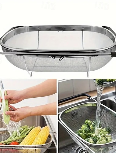  Zusammenklappbarer und ausziehbarer Spülbeckenkorb aus Edelstahl mit Teleskopstange – robustes, platzsparendes Abtropfgestell aus Edelstahl 304, multifunktionale Aufbewahrung für Obst, Reis und Nudeln