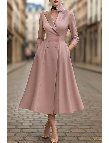  Dames Smokingjurk A-lijn Bruiloft Formeel Bruiloft gast Satijn 4-way stretchstof Elegant Smoking 3/4 Mouw Over de knie Punt Revers Dubbele rij knopen