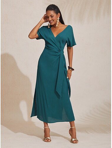  damska lniana sukienka midi z tencelu, pomarańczowo-czerwona, z marszczonym dekoltem w kształcie litery V