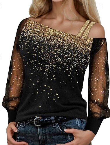  בגדי ריקוד נשים חולצה Ombre וינטאג' מסוגנן שרוול ארוך א-סימטרי חולצות רגילות יומי חגים ליציאה נצנוץ פול כסף יין כחול סקיי זהב קיץ סתיו