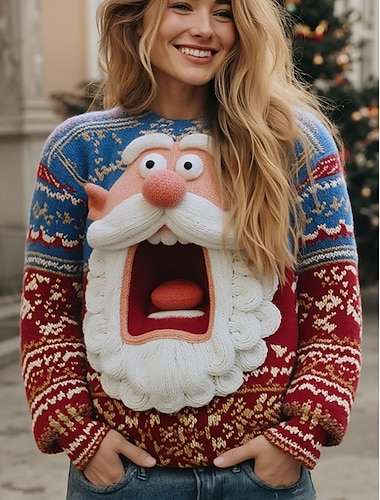  Dames Trui leuke Style Streetwear Casual Grafisch Kerstman Sneeuwvlokken Strakke ronde hals Lapwerk Gebreid Lange mouw Normale tops breien Kerstmis Feest Rood Groen Lente Herfst