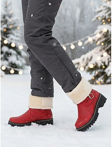  Ghete roșii pentru femei cu căptușeală din shearling - ghete de zăpadă impermeabile și călduroase, cu talpă antiderapantă și cataramă, ideale pentru Crăciun, pentru activități în aer liber și pentru