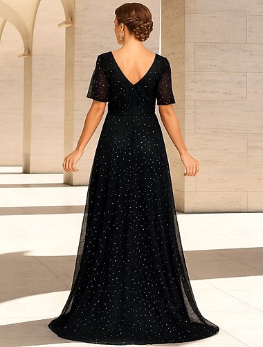  Ａライン フロア丈 フォーマルドレス イブニングガウン 半袖 Ｖネック エレガント ヴィンテージ きらきら＆ピカピカ ポリエステル マダムドS 〜と スパンコール