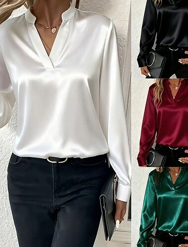  Damenbluse aus Satin, schlicht, elegant, stilvoll, sexy, langärmelig, V-Ausschnitt, festliche Oberteile, normale Oberteile, Urlaubs- und Ausgeh-Oberteile, Knöpfe, schwarz, weiß, weinrot, grün, Sommer, Frühling, Herbst