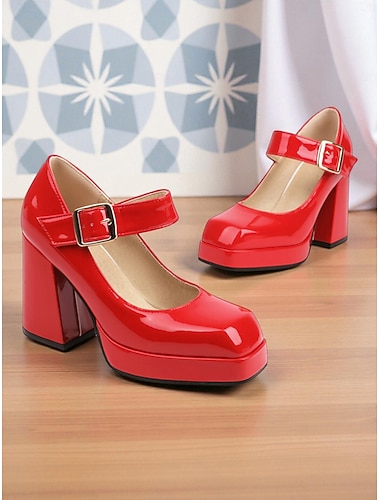  Rote Plateau-Pumps aus Lacklederimitat für Damen – klobige High Heels mit Schnallenriemen, auffälliger Retro-Stil der 80er-Jahre, perfekt für Partys, festliche Anlässe und Weihnachten.