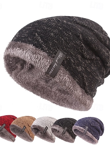  Муж. Универсальные Шапка-бини Зимние шапки Шапки бини Вязаная шапка Зимняя шапочка Черный Винный Акриловые волокна Трикотаж Флис Уютный На каждый день На выход Сплошной/однотонный цвет Теплый