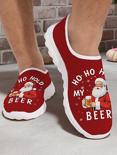 メンズ クリスマス サンタ ビール シューズ - 面白い「ホーホー、ビールを持って」プリントの通気性のあるスリッポン スニーカー、パーティーやギフトに最適なカジュアルなホリデー フットウェア