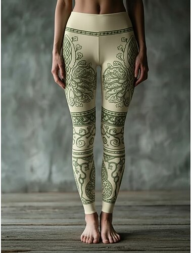  Dam Damasker Mysiga leggings Semester Vintage Etnisk Stil Fullängd Hög midja Grafisk Tryck Bekväm Hög Elasisitet Ledigt Dagligen Semester Mörkgrön Grön Vår Höst Smal passform