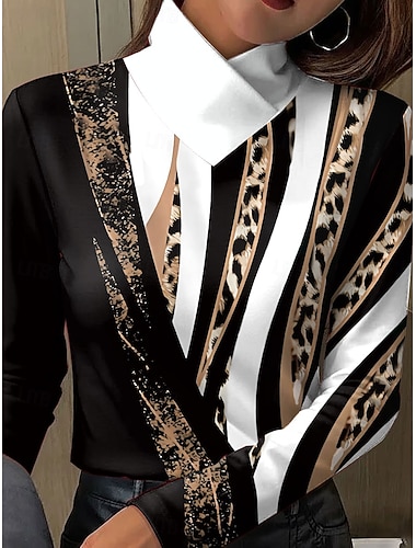  Dame T skjorte Trykt mønster Grafisk Leopard Geometrisk Elegant Årgang Stilfull Langermet Høyhalset Vanlige topper Daglig Blå Lilla Grønn Kakifarget Vår Høst Vinter