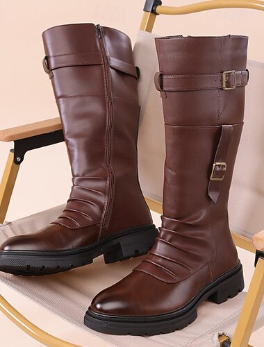  Botas masculinas marrons de couro sintético com fivela – estilosas e duráveis, perfeitas para o inverno, atividades ao ar livre e uso casual.