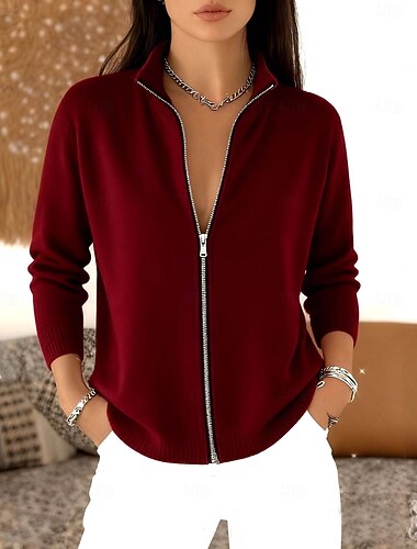  Dame Kofte Elegant Årgang Mote Helfarge Høy krage Strikket Langermet Vanlige topper Strikke Formell utendørs Hjem Svart Rød Vår Høst