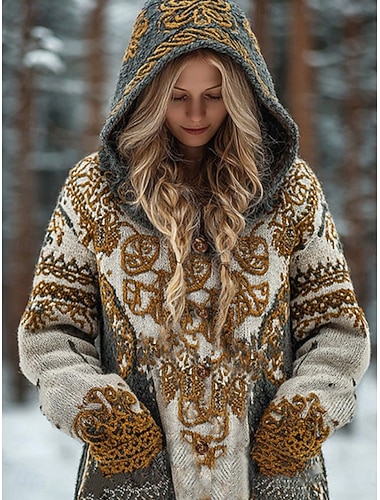  viking bohemsk damecardigan vintage hverdag etnisk stil geometrisk farge gradient ribbet hette lommer knapper trykk langermet lange topper strikket utendørs helg gul blå høst vinter