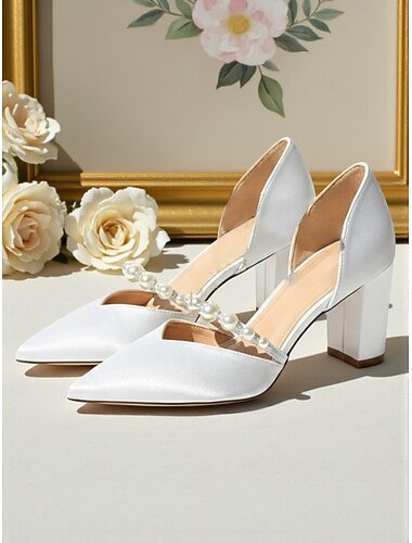  נעלי עקב חסומות עם רצועות פנינים מסאטן לבנות לנשים - נעלי כלה מחודדות אלגנטיות לכלות ולאירועים רשמיים