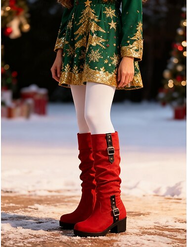  Ghete de iarnă pentru femei cu cataramă roșie până la jumătatea gambei – căptușeală moale și călduroasă, stil festiv de Crăciun, ideale pentru ținute de stradă de iarnă, fotografii de sărbători și sărbători sezoniere