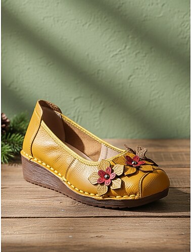  Ballerines fleuries rouges en cuir véritable pour femmes – chaussures compensées confortables à enfiler, style rétro, ornées de fleurs 3D, faites main, parfaites pour le travail et les loisirs.