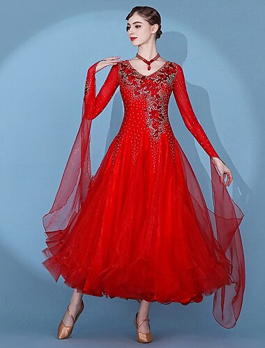  Baile de Salón Vestido Plisado Corte Cristales / diamantes de imitación Mujer Rendimiento Entrenamiento Manga Larga Cintura Alta Licra Gasa Malla