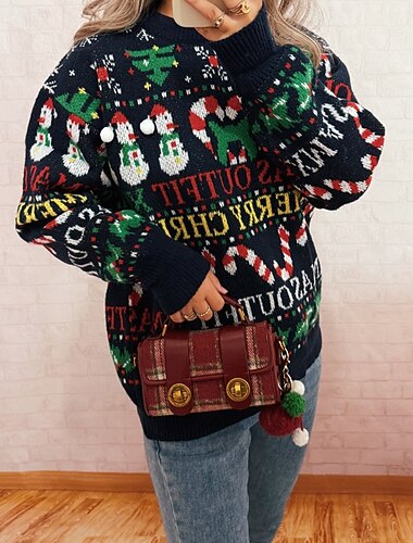  Dámské Svetr Rolák Bambulky vánoční dárek Šik ven Květinový Tričkový Pletený Tisk Dlouhý rukáv Běžné topy Plést Vánoce Jdeme ven Víkend Námořnická modř Podzim Zima