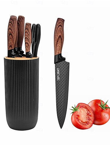  kjøkkenknivsett, 6-delers luksuriøst trebelagt knivsett, lett trefiberhåndtak, non-stick kokkekniv i rustfritt stål med knivblokk