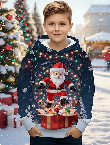  Χριστούγεννα Αγορίστικα 3D Γραφική Άγιος Βασίλης Χιονονιφάδα Φούτερ με Κουκούλα Μακρυμάνικο Άνοιξη Φθινόπωρο Μοντέρνα Κομψό στυλ street Παιδιά 4-12 χρόνια Με Κουκούλα ΕΞΩΤΕΡΙΚΟΥ ΧΩΡΟΥ Causal