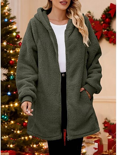  בגדי ריקוד נשים מעיל פליס מעיל טדי מעיל קפוצ'ון שמור על חום הגוף נושם רוכסן כיס פליז יום יומי קולור בלוק חג מולד חופשה רחוב לבוש יומיומי רוכסן ארוך הסווטשרט רגיל שרוול ארוך הלבשה עליונה