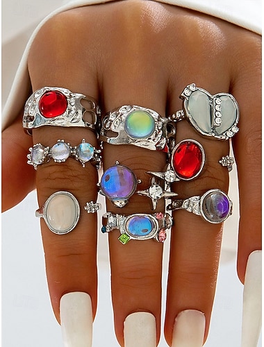  Kerstringset voor dames in legering, vintage bohemian stijl, verstelbare ringen van goud en zilver met edelstenen – perfect cadeau voor de feestdagen