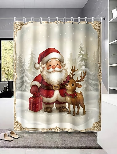  1 szt. 180x180 cm zasłona prysznicowa z motywem Świętego Mikołaja i renifera – artystyczna, akwarelowa, szybkoschnąca poliestrowa zasłona łazienkowa z haczykami do dekoracji domu