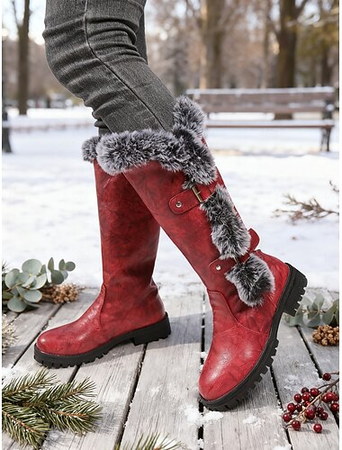  Women's Burgundy Knee-High Winter Boots with Black Faux Fur Trim – Casual Style Long Riding Boots for Christmas, Snow Days & Holiday Outfits