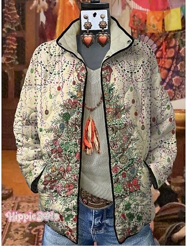  Dame Vinterjakke Vattert jakke Hold Varm Lettvekt Knapper Trykt mønster Aktiv Årgang Kunstnerisk Fritid julenissen Avslappet Kort Høy krage Normal Langermet Yttertøy Hvit Rød Mørkegrønn Høst Vinter