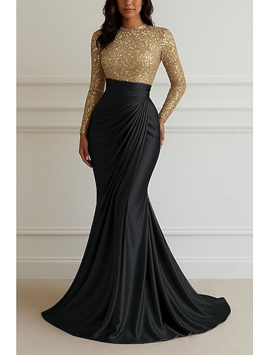  Trumpetti merenneito Kokopitkä Iltapuku Tyylikäs Silkkinen Pitkähihainen Tiukka pyöreä kaula-aukko Häät Muodollinen Samppanja morsiamen äiti -mekko Joustava satiini kanssa Kimalle Laskokset