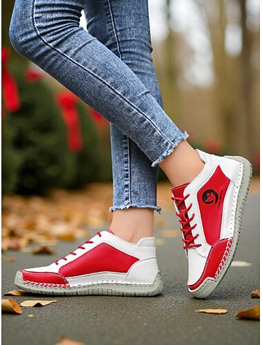  Dámské červenobílé ležérní tenisky na chůzi – měkká flexibilní podrážka, retro sportovní styl, ideální pro sváteční outfity, každodenní pochůzky, procházky venku a vánoční outfity