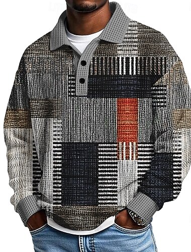  Voor heren Geometrisch Kleurenblok Wafel Poloshirts Lange mouw Poloshirt Revers Casual Sportkleding Alledaagse kleding 3D-afdrukken Lente Herfst Winter blauw Bruin Grijs