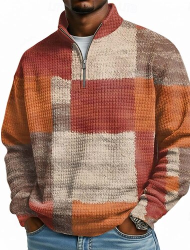  Herren Geometrisch Karomuster Waffel Pullover Mode Täglich Klassisch Lässig Stehkragen Viertelreißverschluss Outdoor Heim Büro Arbeit Blau Gelb Orange Grün Reißverschluss Herbst Winter Designer S M L