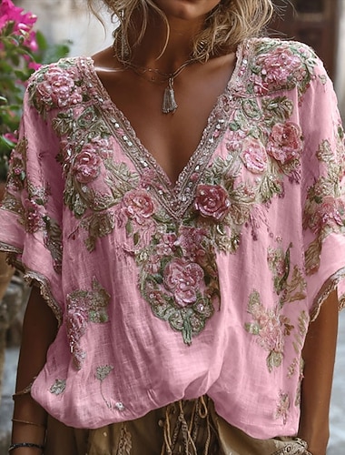  نسائي بلوزة ورد الرسم عتيق أنيق نصف كم V رقبة قمصان عادية مناسب للبس اليومي مناسب للعطلات مناسب للخارج طباعة ثلاثية الأبعاد أسود أبيض وردي بلاشيهغ الصيف الربيع الخريف الشتاء