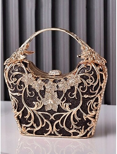  Women's Glitter Evening Handbag – Multiple Colors, Embellished with Floral Crystal Detailing, Metallic Gold Accents, Includes Chain for Shoulder Carry, Perfect for Weddings, Gala and Formal Events