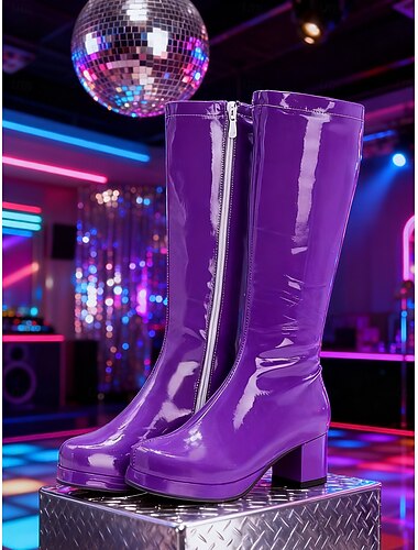  レディース パープル パテントフェイクレザー ニーハイブーツ - スタイリッシュなジッパーディテール、チャンキーヒール、パーティー、夜のお出かけ、大胆なファッションルックに最適な 1980 年代のレトロなディスコスタイル