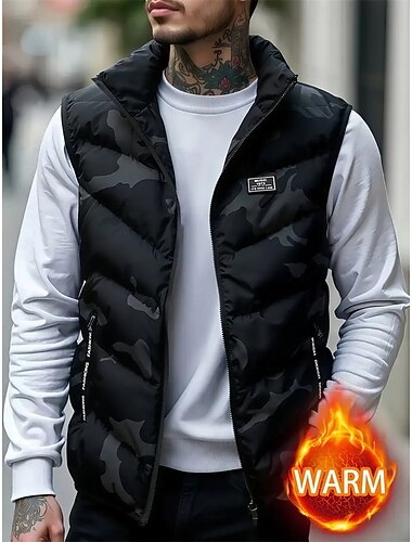  Per uomo Gilet imbottito Gilet Vacanza Quotidiano Data Moda Casual Autunno & Inverno Tasca Poliestere Caldo Confortevole Mimetico Cerniera Collo alla coreana Vestibilità regolare Nero Verde militare