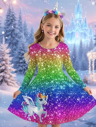  ragazze' 3D Grafico Anime Abito Manica Lunga Stampa 3D Primavera Autunno Performance Vacanza Feste Casual Principessa Bello Bambini 4-12 Anni Vestito Casual Abito a trapezio Lunghezza al ginocchio
