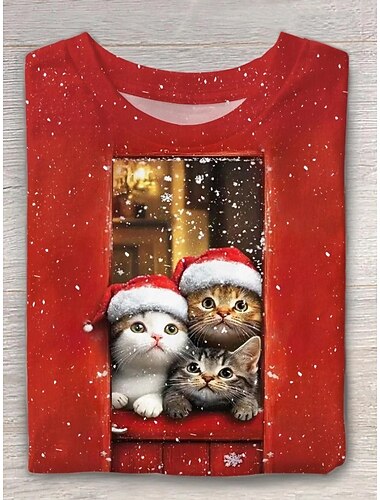  Jul Dame T skjorte Grafisk Dyr Katt Årgang Mote Stilfull Kortermet Langermet Crew-hals Rund hals Vanlige topper Daglig Helg Trykt mønster Hvit Rød Mørkegrønn Høst Vinter