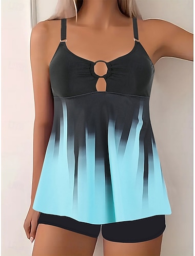  Tankini 2 pièces pour femmes shorts contrôle du ventre taille haute slim sans dos vêtements de plage de vacances maillots de bain à col en U ombre sans manches