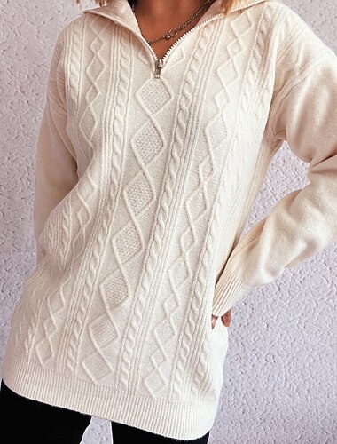  Жен. Вязаная ткань Пуловер Уличный стиль На каждый день Сплошной цвет Рубашечный воротник Молния Трикотаж Длинный рукав Обычные топы Вязать Праздники На выход выходные Синий Черный Осень Зима