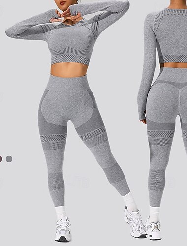  Costume de yoga Ensemble d'entraînement 2 pièces Leggings de yoga Femmes Automne Ensemble Vêtements Athlétique Sportif Pilates Taille haute Contrôle du ventre manche longue Des sports Tenues de Sport