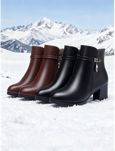  Zwarte enkellaarsjes voor dames met wollen voering – warme winterlaarzen van imitatieleer met hak voor koud weer, kantoor en casual outfits