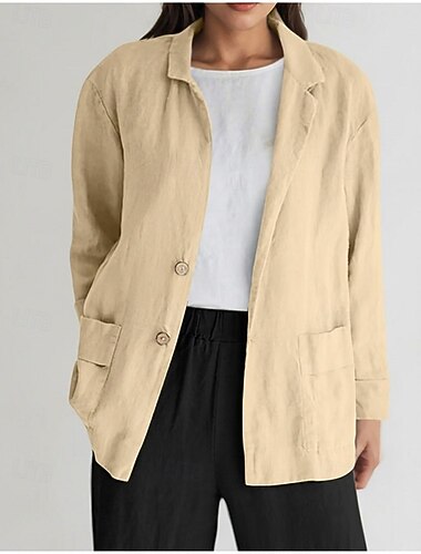  dames katoenen linnen jas casual comfortabel ademend knopen elegant dagelijks eenvoudig retro effen casual normaal inkeping revers losse pasvorm lange mouw bovenkleding zwart olijfgroen perzik zomer